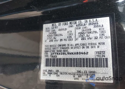 1998 Ford F-150 Lariat/Xl/Xlt z USA, uszkodzony, nr VIN 1FTRX08L9WKA80462